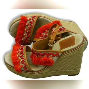 Tory Burch Red Open Toe Tassel Trim Wedge platform Espadrille Womens Heels 8 M